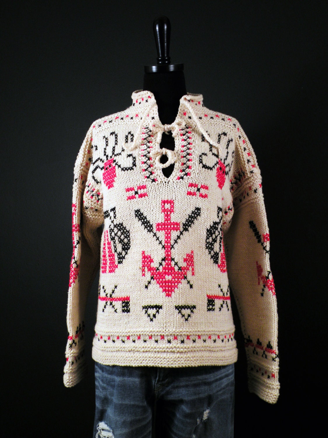 Vintage Handknit Nautical Tie-Neck Wool Sweater