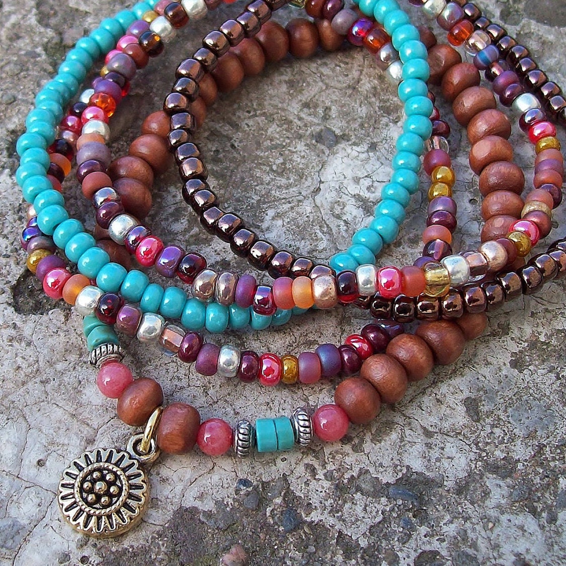 Bohemian Flower Charm Mixed Bead Stretch Stack Bracelets