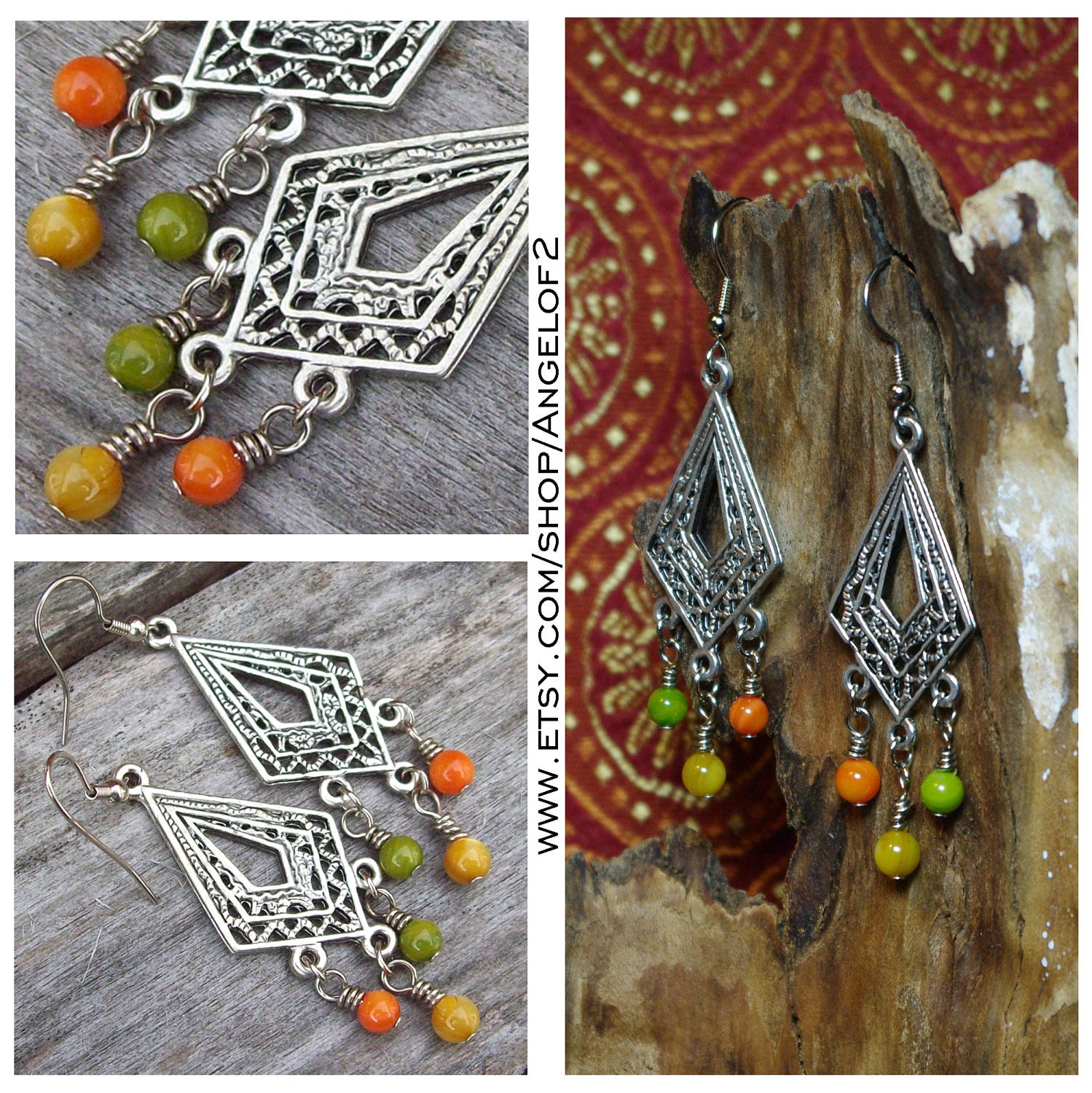 Gypsy Chandelier Earrings - Rivershell Orange, Mustard and Lime Drop Dangles