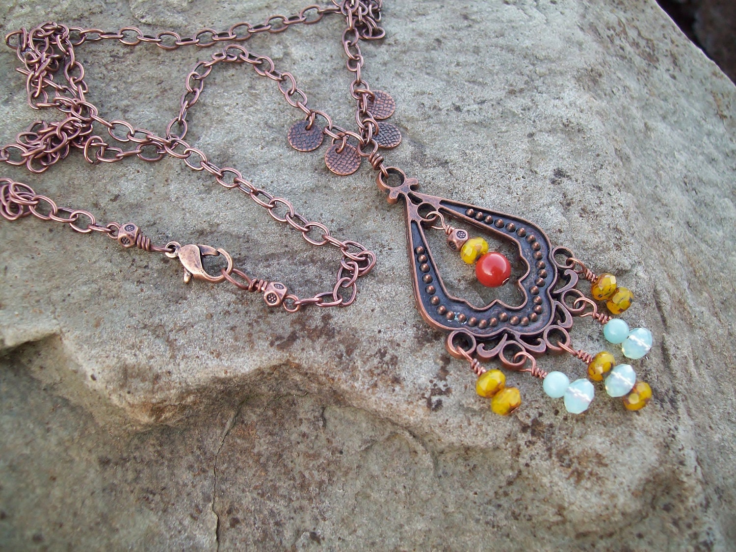 Copper Chandelier Pendant Gypsy Necklace w/ Beaded Drops - Opal Citrine and Aqua Beaded Drops - Gypsy Necklace