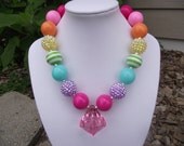 Rainbow Chunky Necklace With Pink Pendant, Bubblegum Necklace, Gumball Necklace, Girl, Toddler, Gift, Photo Prop