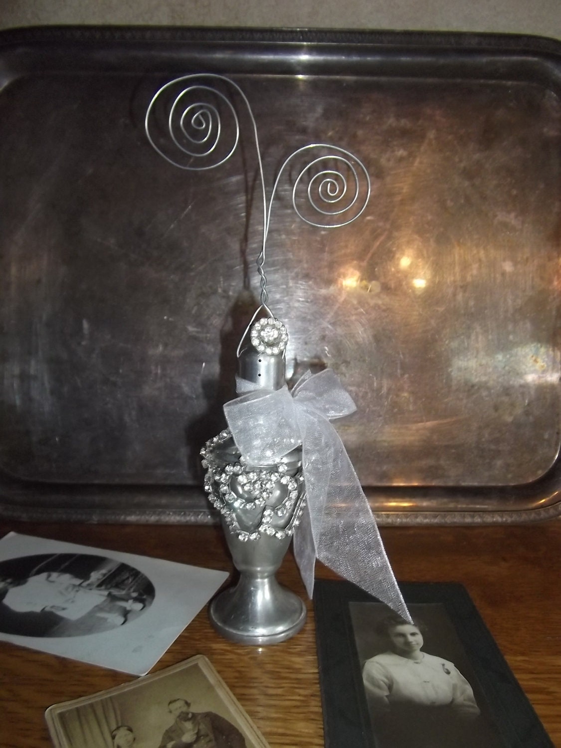 Silver Shaker Photo Holder, Rhinestones, French Country, salt pepper
