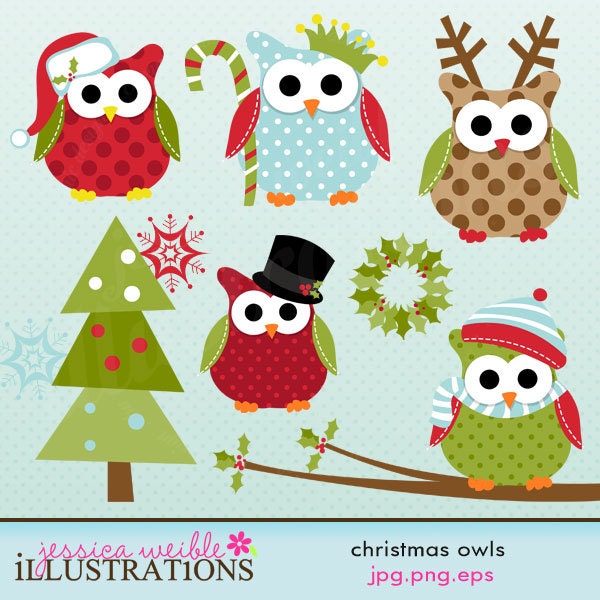Christmas Owls Cute Digital Clipart for Card Design, Scrapbooking, and Web Design Il_570xn