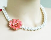 Burst of Coral - Pearl Necklace w/Ribbon Tie WEDDING JEWELRY Maid of HONOR