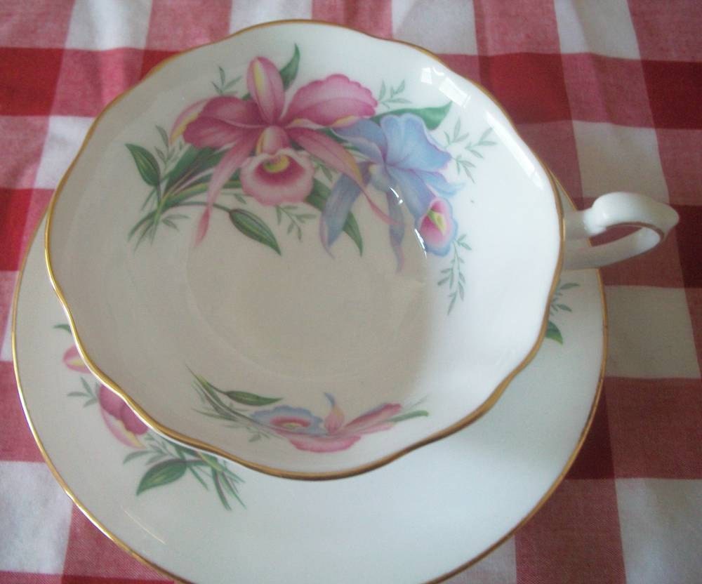 Antique Vintage Hand Painted Signed Rosalyn Fine Bone China Cup and Saucer Orchid Pattern