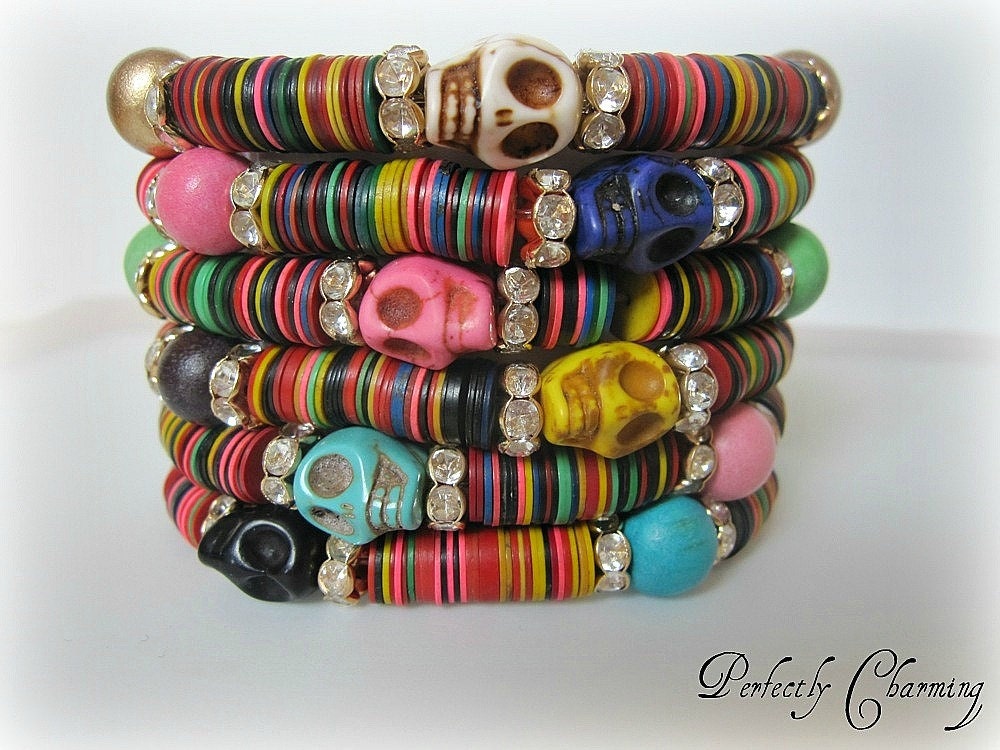 Friendship Bracelet TRIBAL SKULL African Recycled Vinyl Records and Colorful Skull and Wood Beads