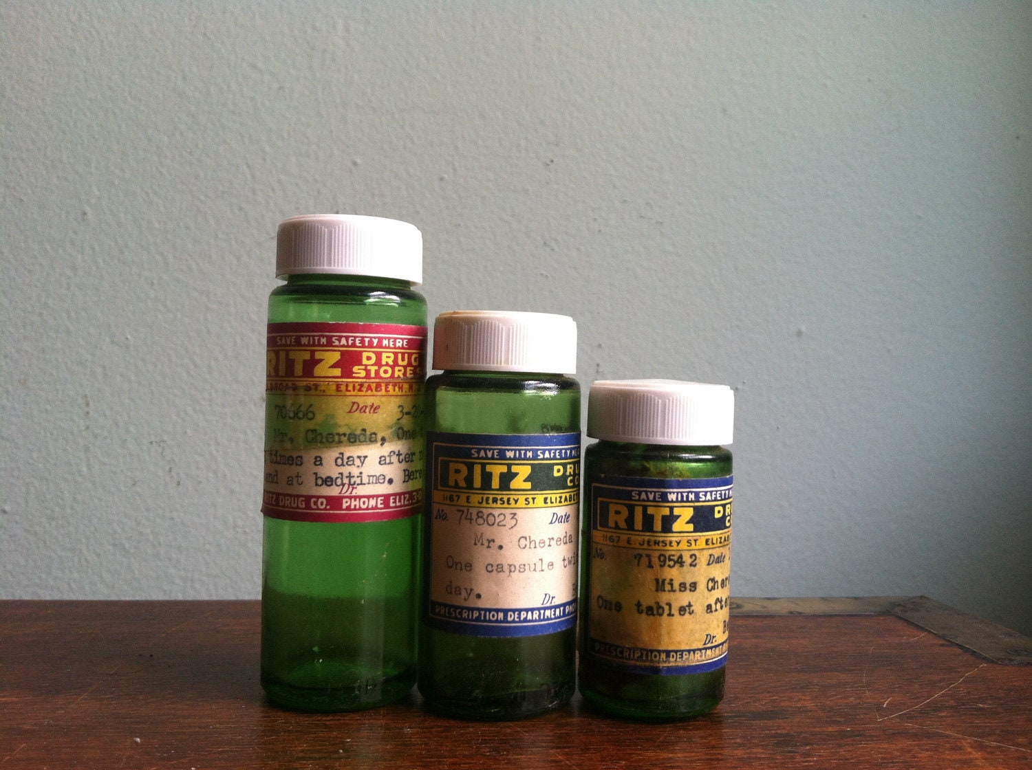 Vintage Trio of Pharmacy Prescription Green Glass Bottles