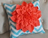 Coral Dahlia on Girly Blue and White Zigzag Pillow -Chevron Pillow-