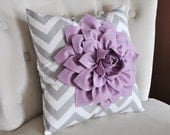 Lilac Dahlia on Gray and White Zigzag Pillow -Decorative Chevron Pillow-