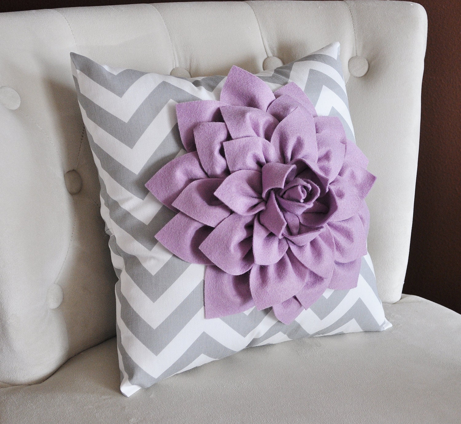 Lilac Dahlia on Gray and White Zigzag Pillow -Decorative Chevron Pillow-