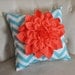 Coral Dahlia on Girly Blue and White Zigzag Pillow -Chevron Pillow-