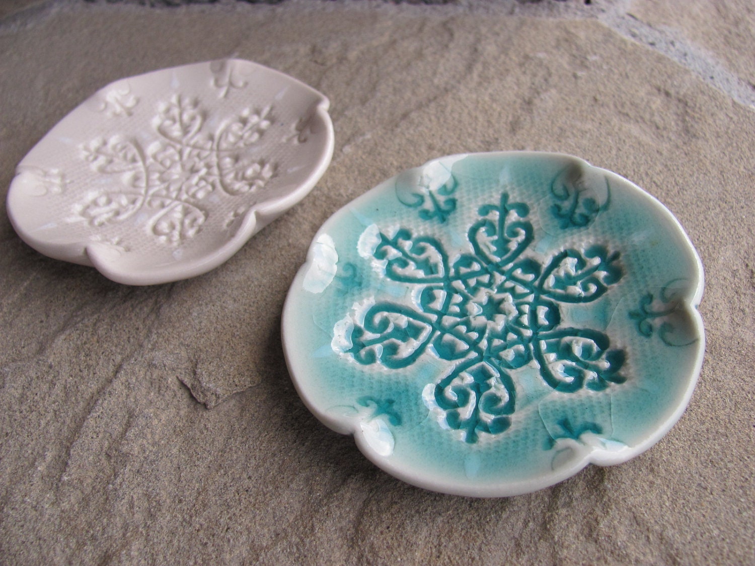 Trinket Dish Ceramic White or Aqua Blue Porcelain Stamped with Snowflake Textured Winter Snow Ice
