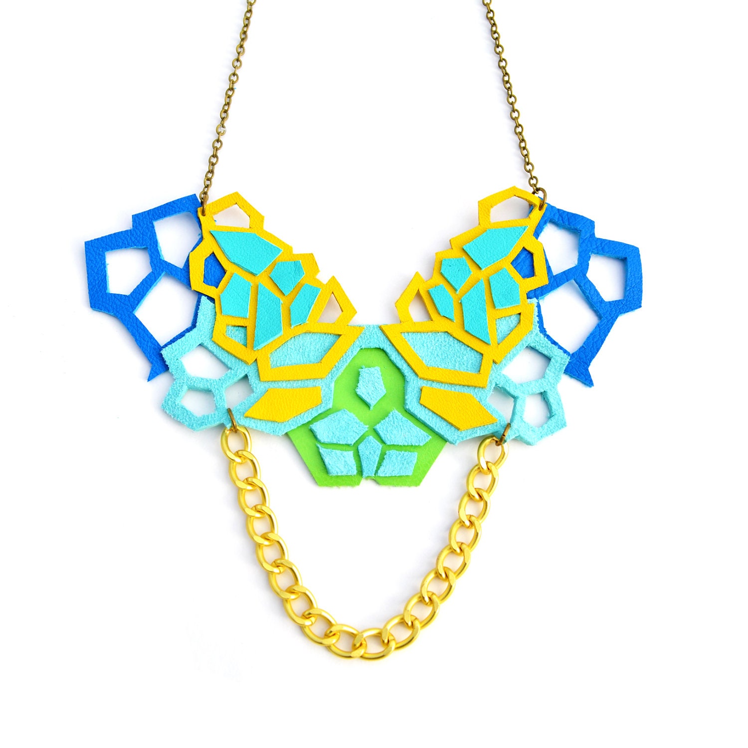 Neon Leather Statement Necklace Geometric Hexagon Polygonal Butterfly