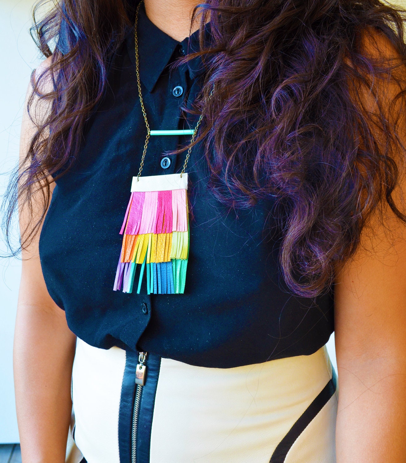 Fringe Leather Bib Necklace Neon Rainbow Color Block