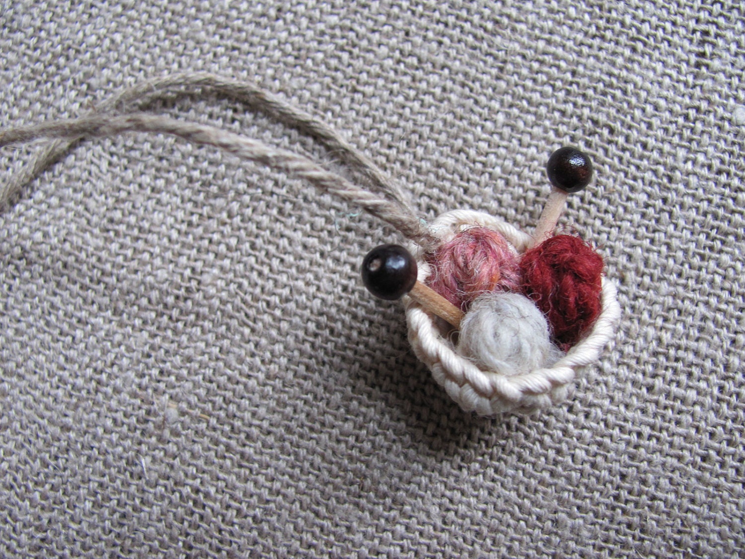 Miniature Knit Basket Ornament, Yarn & Knitting Needles, Birthday, Fiber Textile Artist, Knitter, Handspinner Gift, Love, Friendship