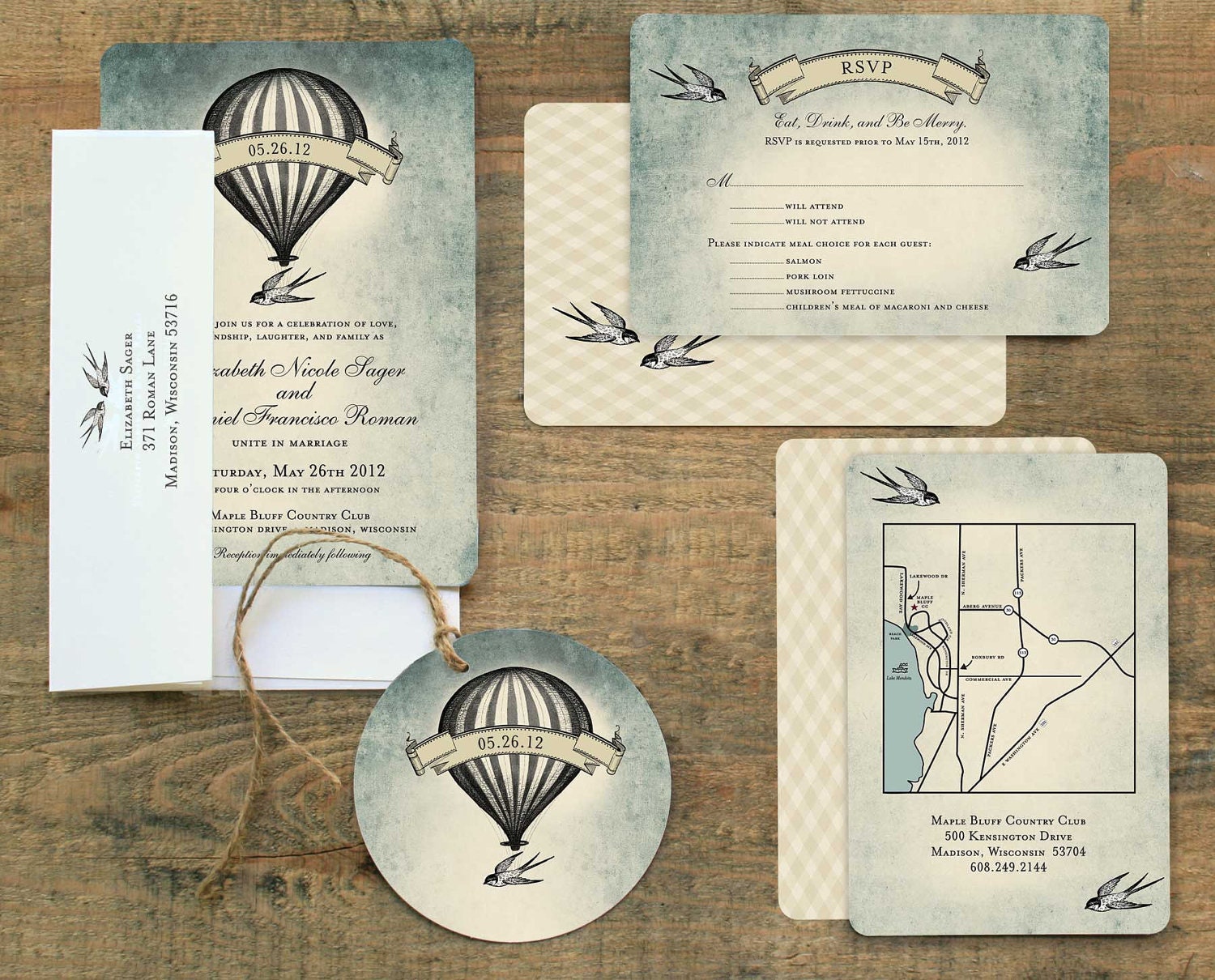 Vintage Hot Air Balloon Save the Dates or Vintage Wedding Invitations -  Set of 100