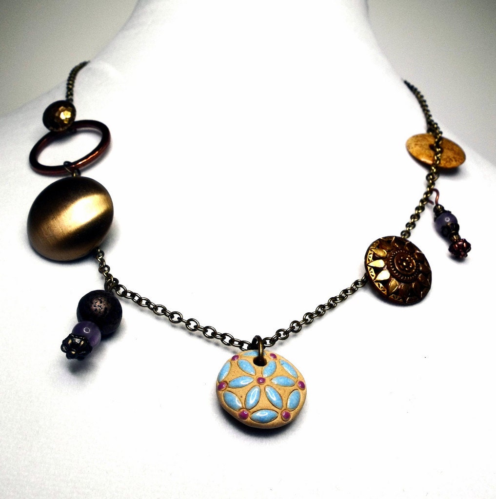 Golden Hour Necklace--Vintage Brass Buttons, Amethyst Dangles, Jasper Donut, Clay Pendant, Earthtones, Natural, Warm, Sand