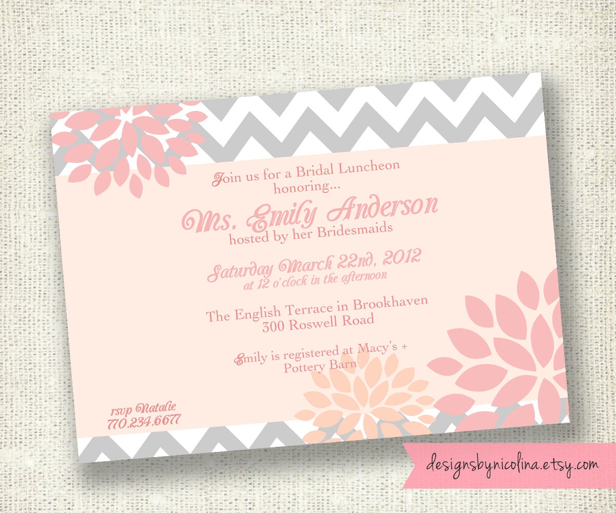 Pink Floral & Gray Chevron Stripe PRINTABLE Invitation