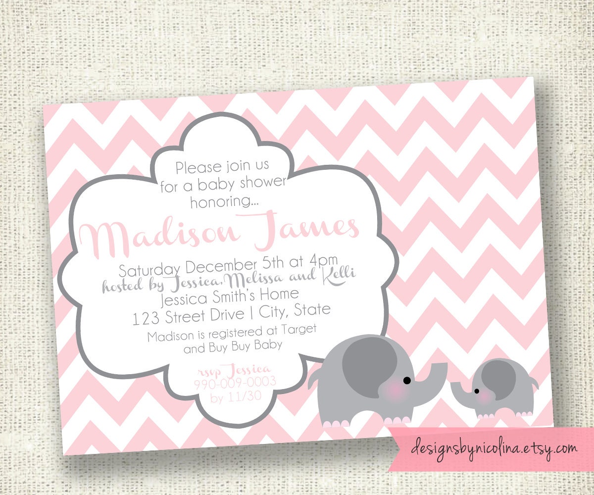 Chevron Baby Girl Pink and Gray Elephant - Baby Shower PRINTABLE Invitations