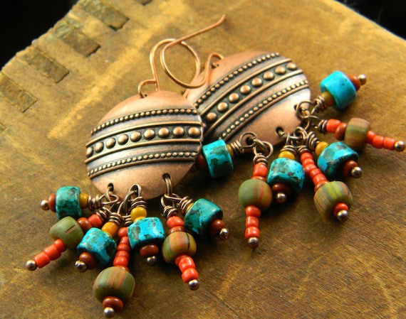Copper Southwestern Earrings Colorful Tribal OOAK
