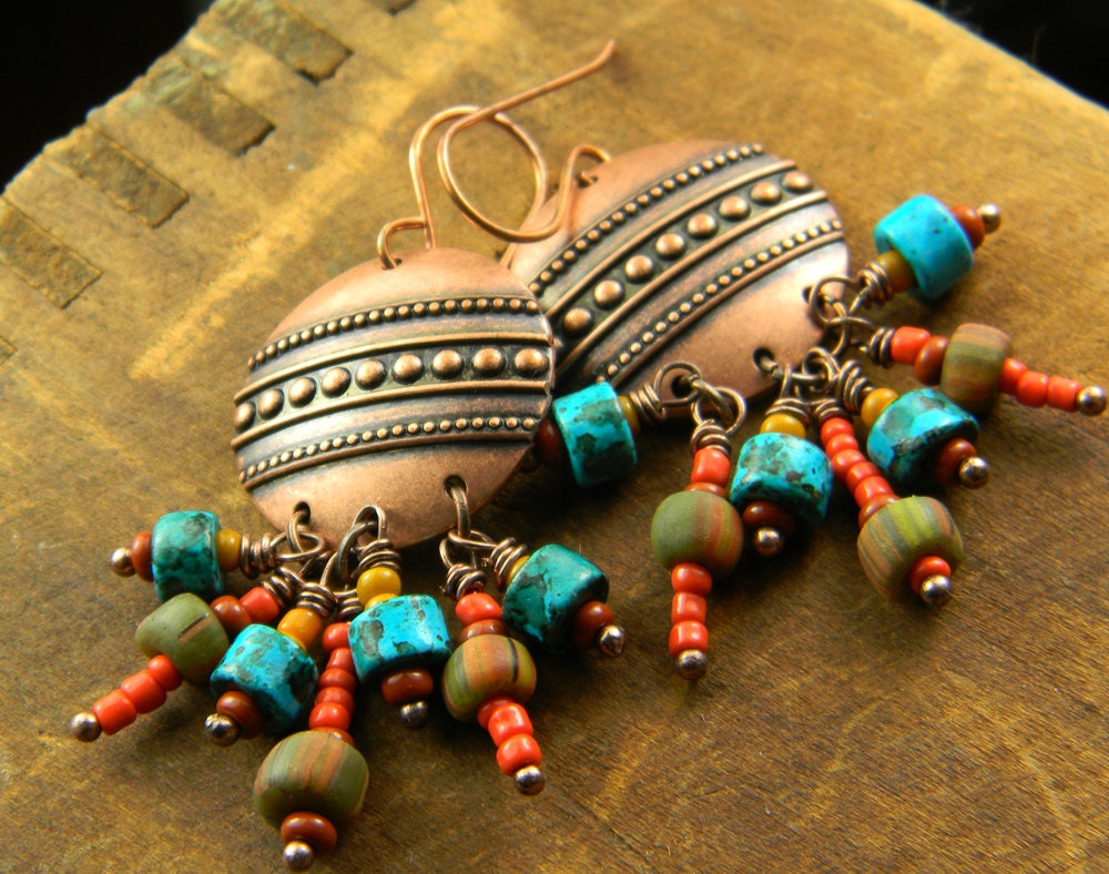 Copper Southwestern Earrings Colorful Tribal OOAK