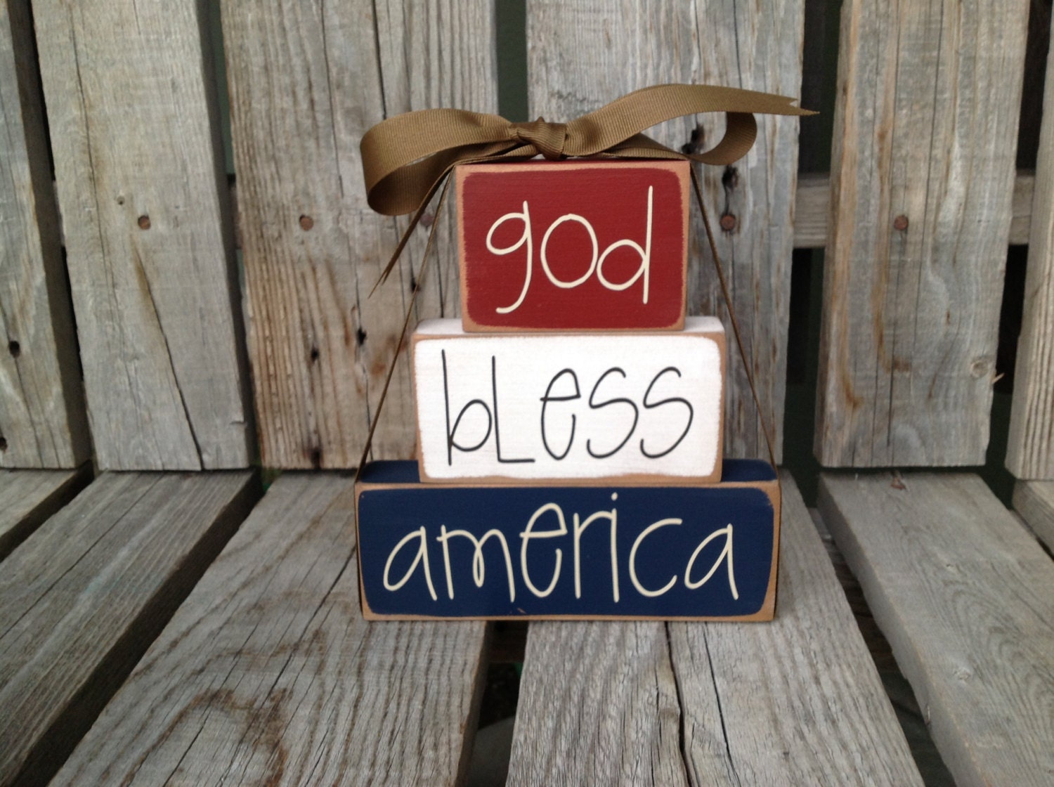 READY TO SHIP God Bless America Wood Chunky stacker independence summer flag military 4th of July America primitive country personalized