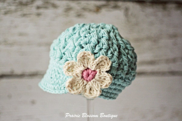 Robin's Egg Blue Crochet Baby Hat with Off White Flower, Cotton Baby Girl Hat with Visor, 3 to 6 Months