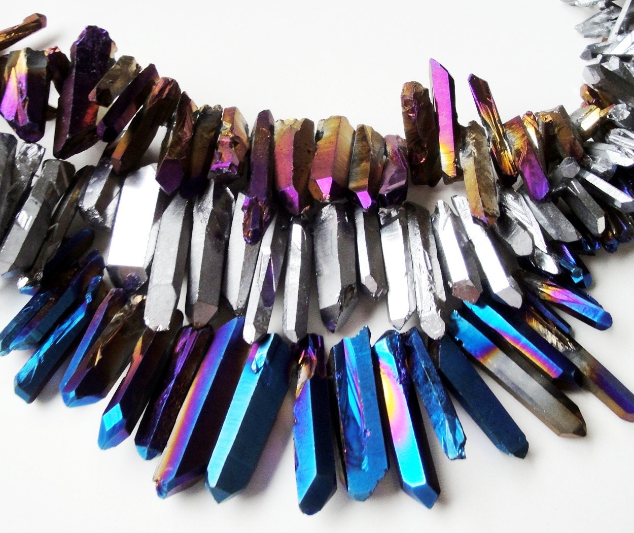 Purple, Blue  Mystic Titanium Quartz Rock Sparkling Crystal Spikes Drilled Briolettes (11) Beads