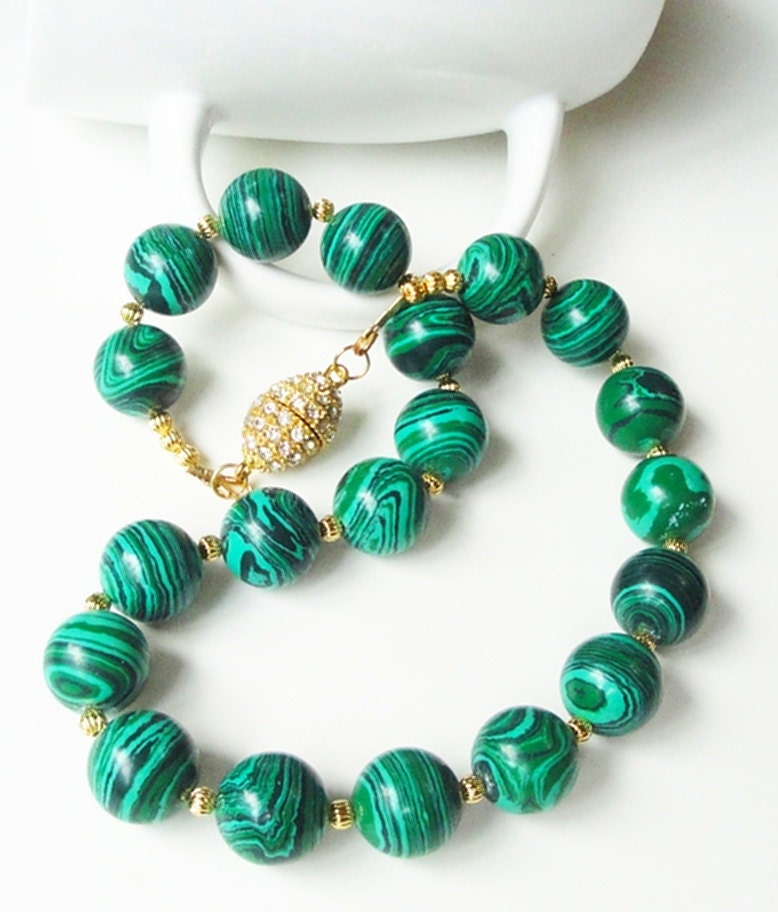 Malachite  Green  Round Gold Plated Rhinestone Magnetic Clasp Chuncky Necklace /One Of A Kind Piece