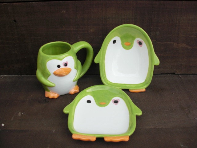 Chilly Penguin Mug / Bowl / Plate Set - Lime Green - Hand Painted Ceramics
