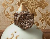 Antique Victorian Steel Cut Mirrored Filigree Button Ring Adjustable Exquisite and One of a Kind