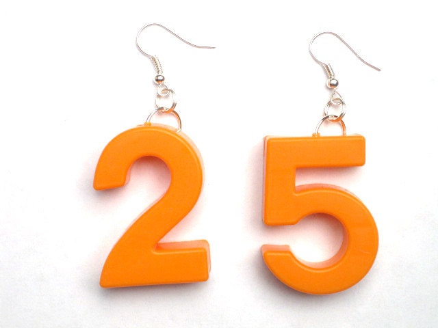 HYPERCLASH Earrings Orange Plastic Numbers 25 Dangle Toy Magnets Women Handmade Repurposed Upcycle Recycled Reclaimed Eco Friendly Accessory