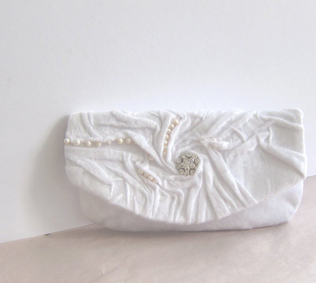 White Pleated Clutch Bag , Retro Silk Plush , Swarovski Crystals Button , Real Pearls