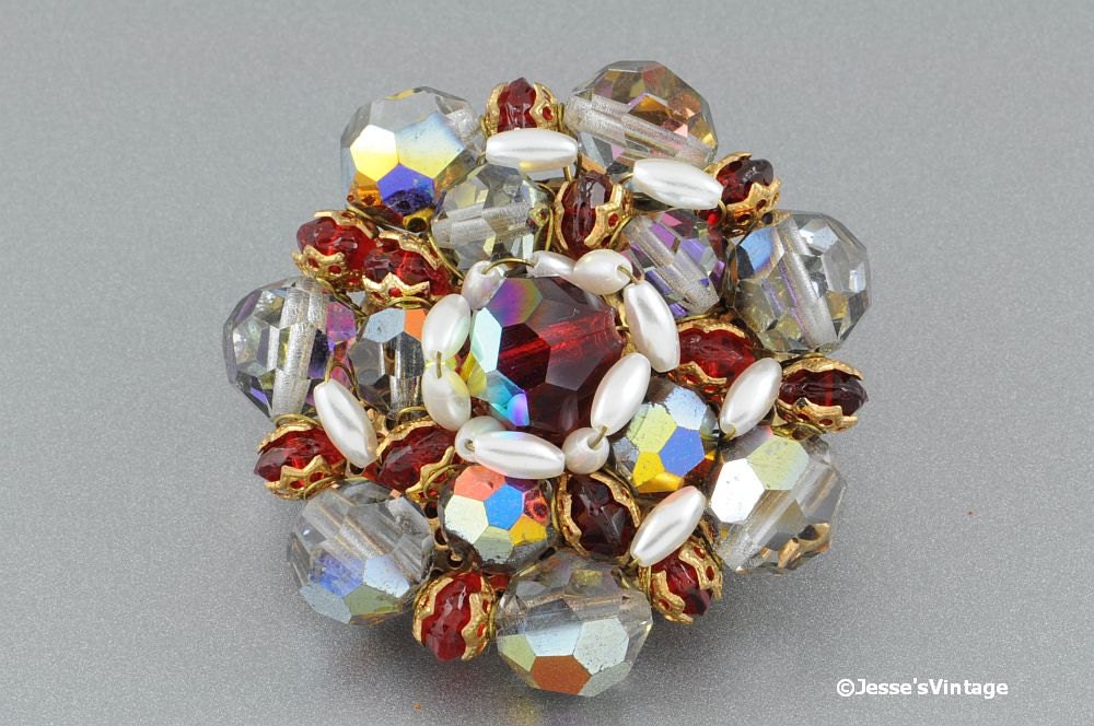 Vintage AB Brooch Pin Red Smoke Faux Pearl Bugle Beads