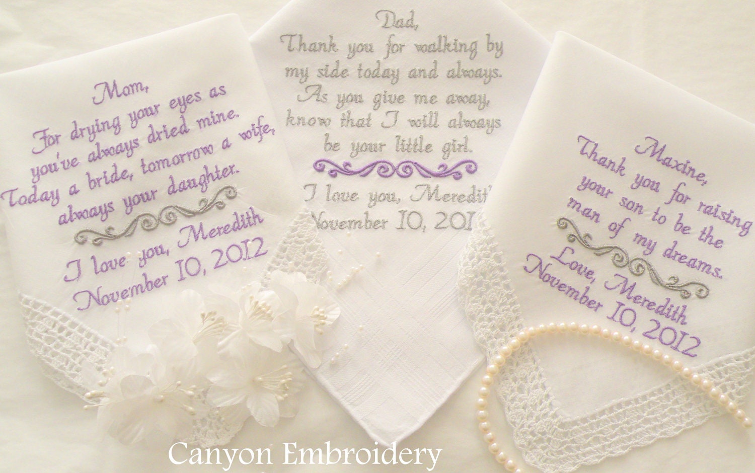 3 Embroidered Wedding Handkerchief Hankie Gift Set Mother of the Bride Father of the Bride or Groom By Canyon Embroidery