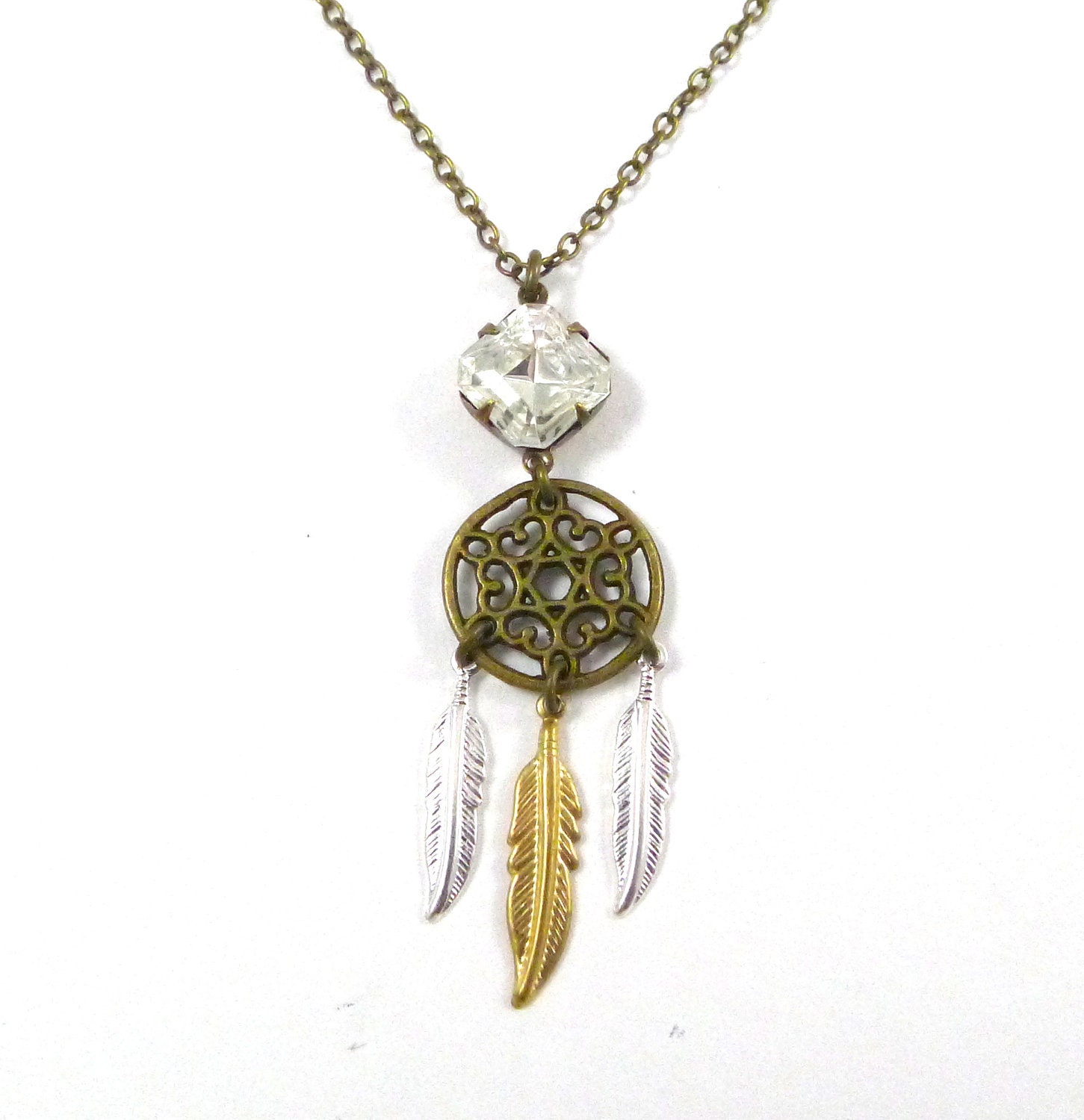 Dreamcatcher Necklace, Siiver Gold Feather Charms, Vintage glass Gem, Dream Catcher Handmade, Native American