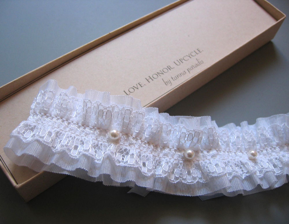 White Lace and Tulle Garter - Adorned with Vintage Pearls