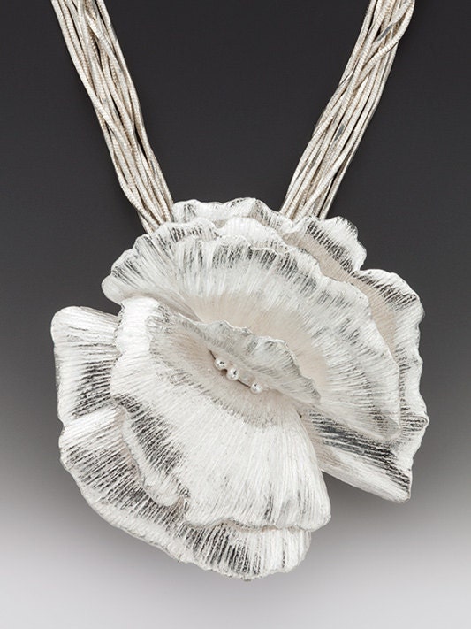 Academy awards necklace, silver necklace, flower, eco friendly, red carpet necklace, with multistrand sterling silver chain