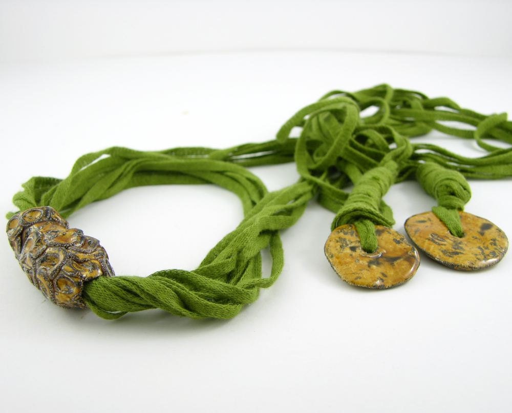 Skinny scarf lariat fiber necklace scarf necklace cotton ceramic long green brown vegan ooak ceramic beads curationnation therougett