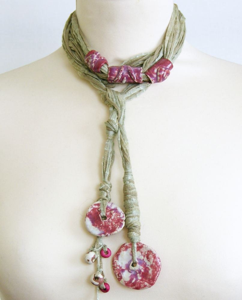 Skinny scarf lariat fiber necklace scarf necklace cotton ceramic long grey beige magenta vegan ooak ceramic beads women curationnation