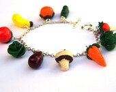 Handmade Vegetable Charm Bracelet - Polymer Clay - Unique - Spring Garden - Food Themed Jewelry - Gifts Under 30, 40, 50