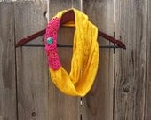 SALE / Yellow Crocheted Infinity Scarf with Pink Doily Wrap - Women Accessories Scarves - Upcycled Clothing