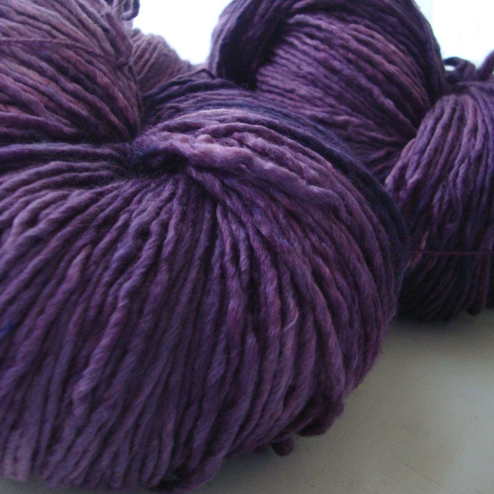 Plum, purple hand dyed Merino silk single ply worsted yarn