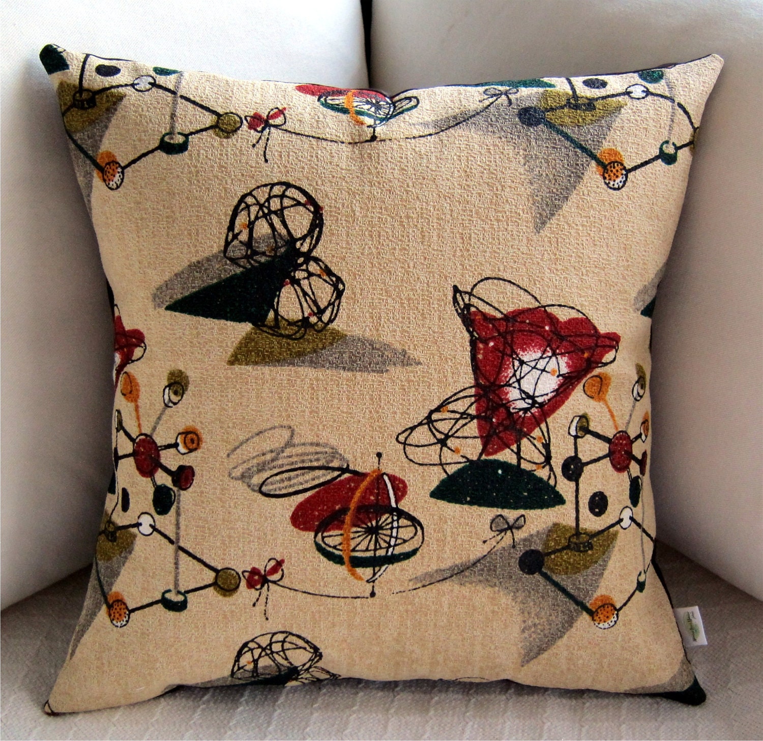 Retro Throw Pillow Cover -- Tinker Toys -- for 18" X 18" insert - Premium Reproduction Barkcloth