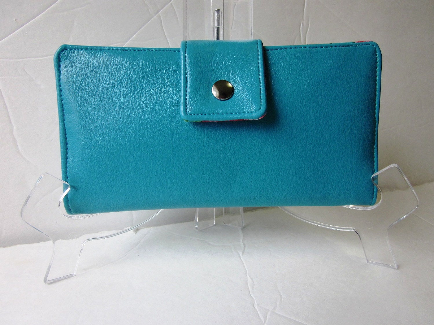 Handmade women aqua wallet with pink floral
