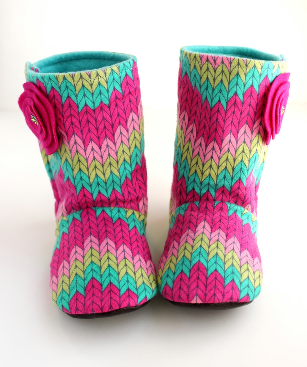 Made To Order - Children's Sizes 7, 8, 9 -  Girls Flannel Fabric Slippers Boots with Faux Leather Soft Soles