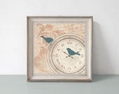 Shabby Clock Art Print, French Cottage Chic Country Decor, Love Birds, Blue and Coral, 12 x 12 inch print