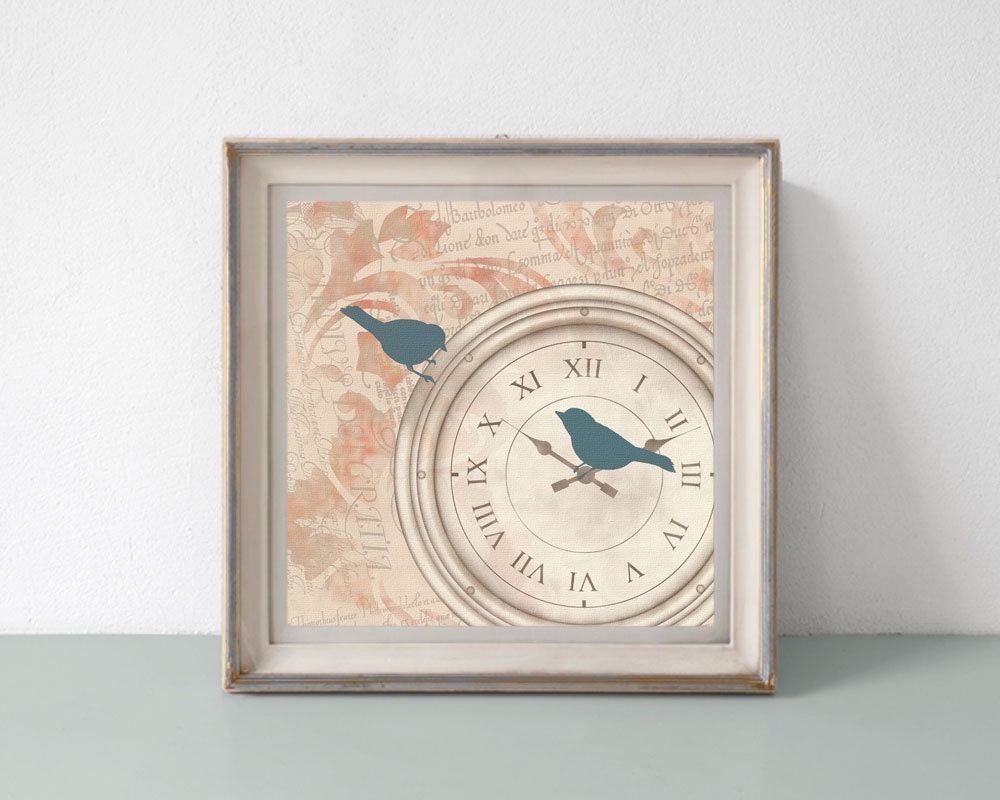 Shabby Clock Art Print, French Cottage Chic Country Decor, Love Birds, Blue and Coral, 12 x 12 inch print