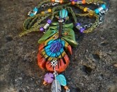 Bohemian PEACOCK FEATHER NECKLACE Crochet Necklace long necklace Turquoise hippie jewelry Clay Feather pendant Colorful