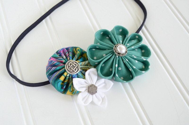 Lemon Lime Fabric Flower Trio Headband